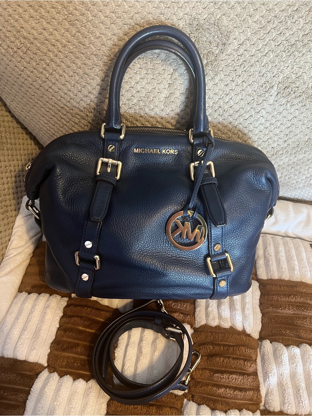 Michael Kors Bedford Navy Leather Satchel with Gold Hardware EUC!!